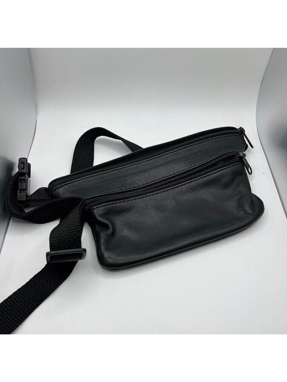 Ameribag Black Leather Two Pocket Hiking Outdoor Fanny Pack